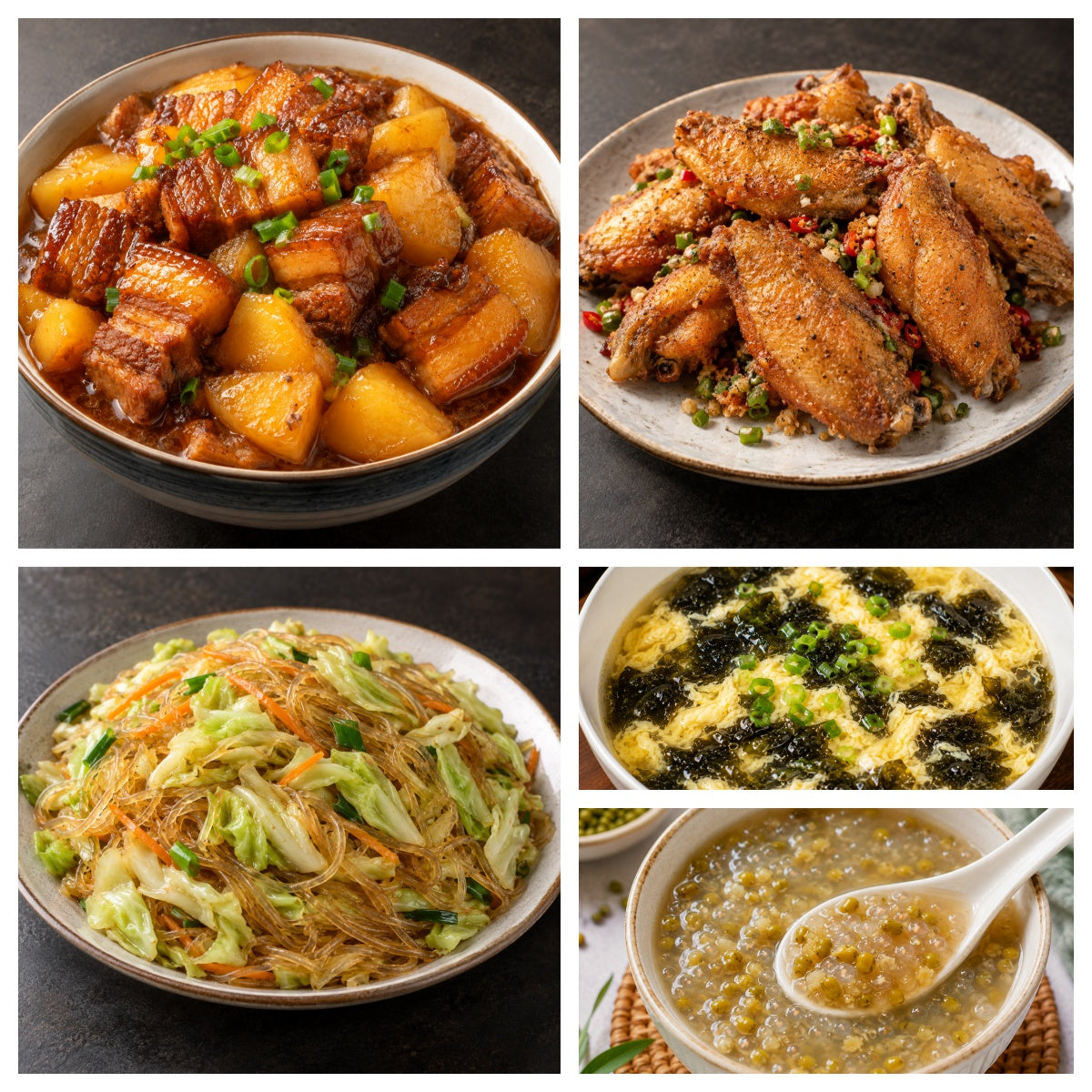 9月21日 周一家乡菜:土豆炖五花肉、椒盐鸡翅、包心菜炒粉丝、紫菜蛋花汤(赠品:绿豆西米露)