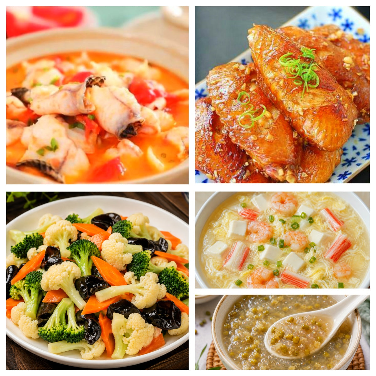 08月17日 周一家乡菜:番茄鱼片、蒜香鸡翅、什锦花菜、海鲜豆腐羹(赠品:绿豆西米露)