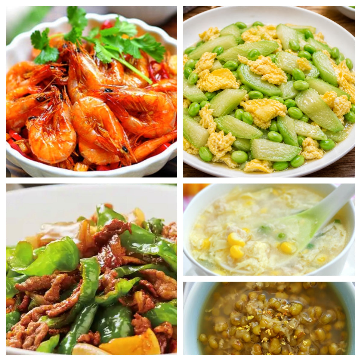 07月07日 周二经典回归: 螺丝椒小炒肉🌶️、油爆虾、丝瓜毛豆炒鸡蛋、鸡茸玉米羹(赠品:冰糖绿豆汤)