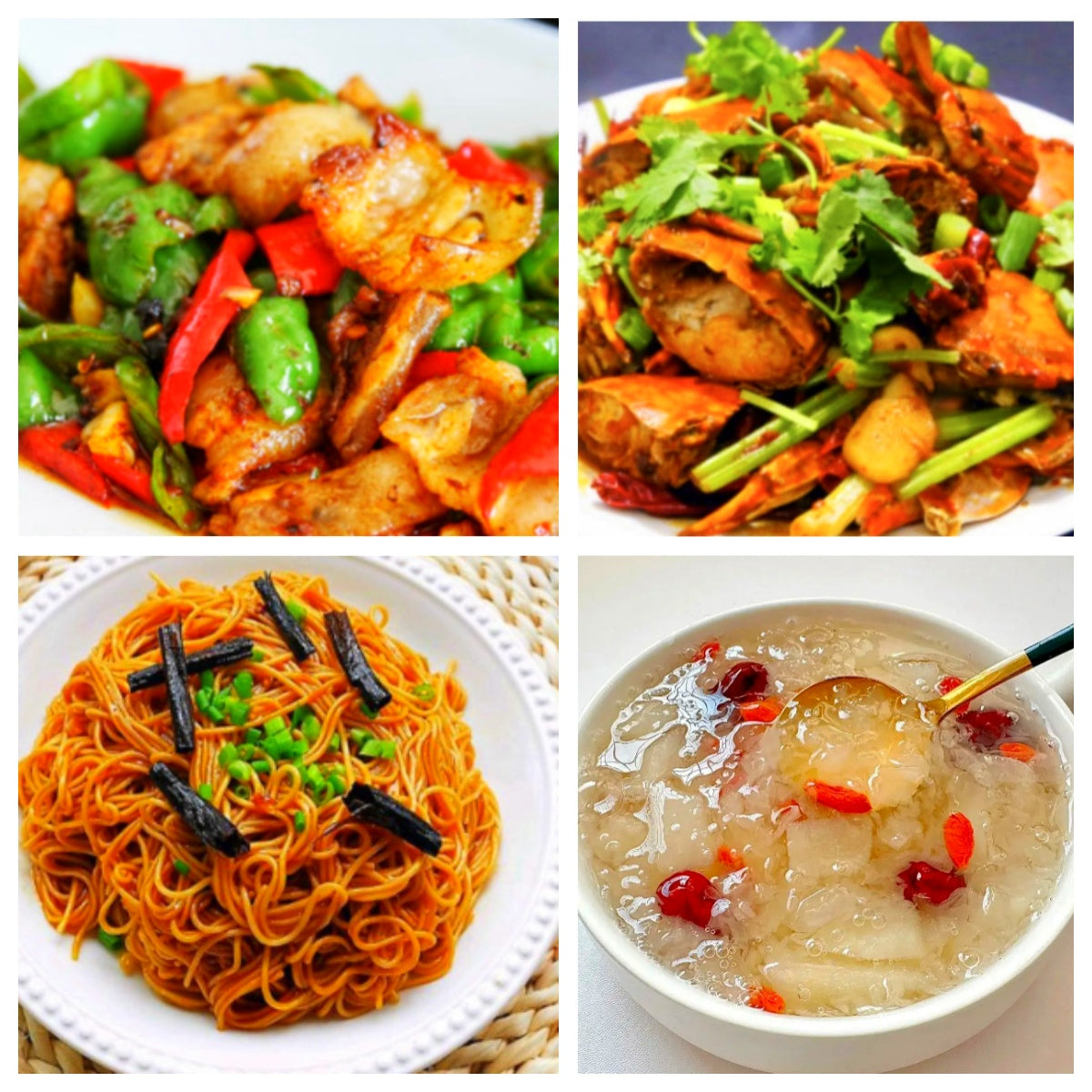 11月28日 周五麻辣鲜香:🌶️蓝蟹炒年糕、🌶️青椒蒜苗回锅肉、葱油拌面、银耳羹