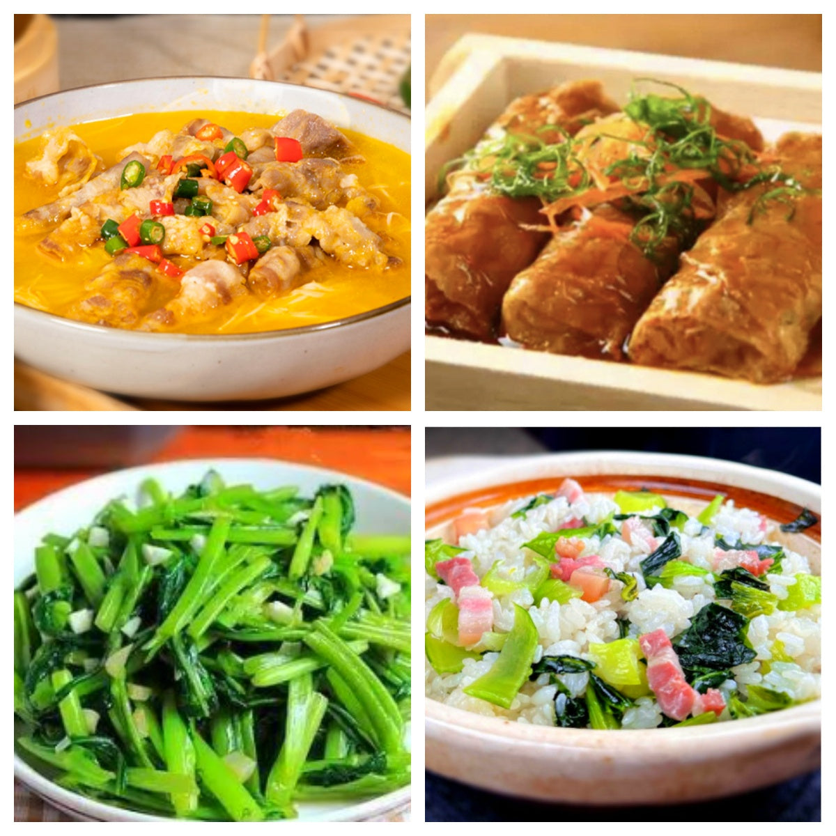 04月16日 周四家乡菜:金汤肥牛、上海腐皮包、蒜蓉空心菜、上海菜饭