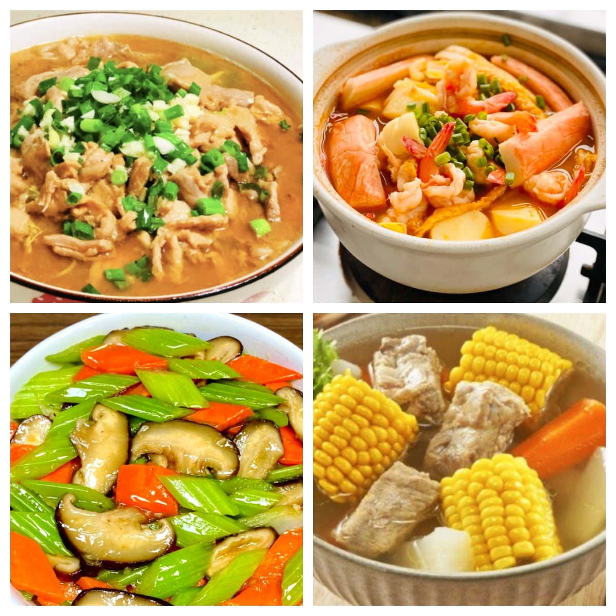 02月12日 周四家乡菜:水煮肉片、海鲜玉子豆腐、胡萝卜西芹炒香菇、玉米排骨汤