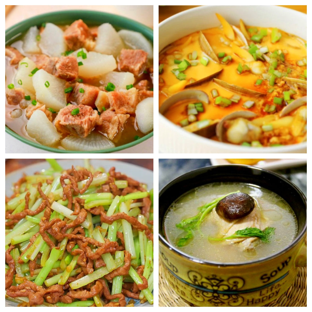 12月11日 周四家乡菜:清汤萝卜牛腩、花蛤蒸蛋、芹菜炒肉丝、养生鸡汤