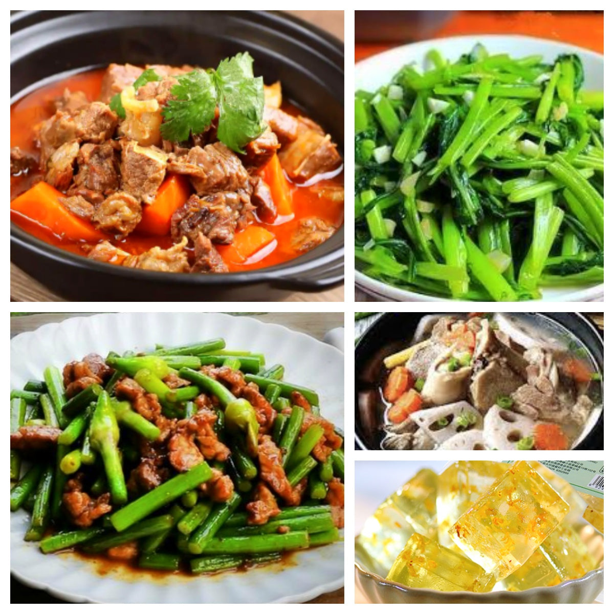 07月15日 周三家乡菜:红烧萝卜牛腩、蒜苗炒肉、蒜蓉空心菜、双莲排骨汤(赠品:桂花冻)