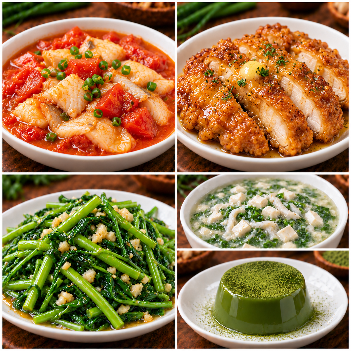10月29日 周四经典回归:番茄鱼片、蜂蜜黄油鸡排、蒜蓉水通菜、荠菜鱼丝豆腐羹(赠品:抹茶冻)
