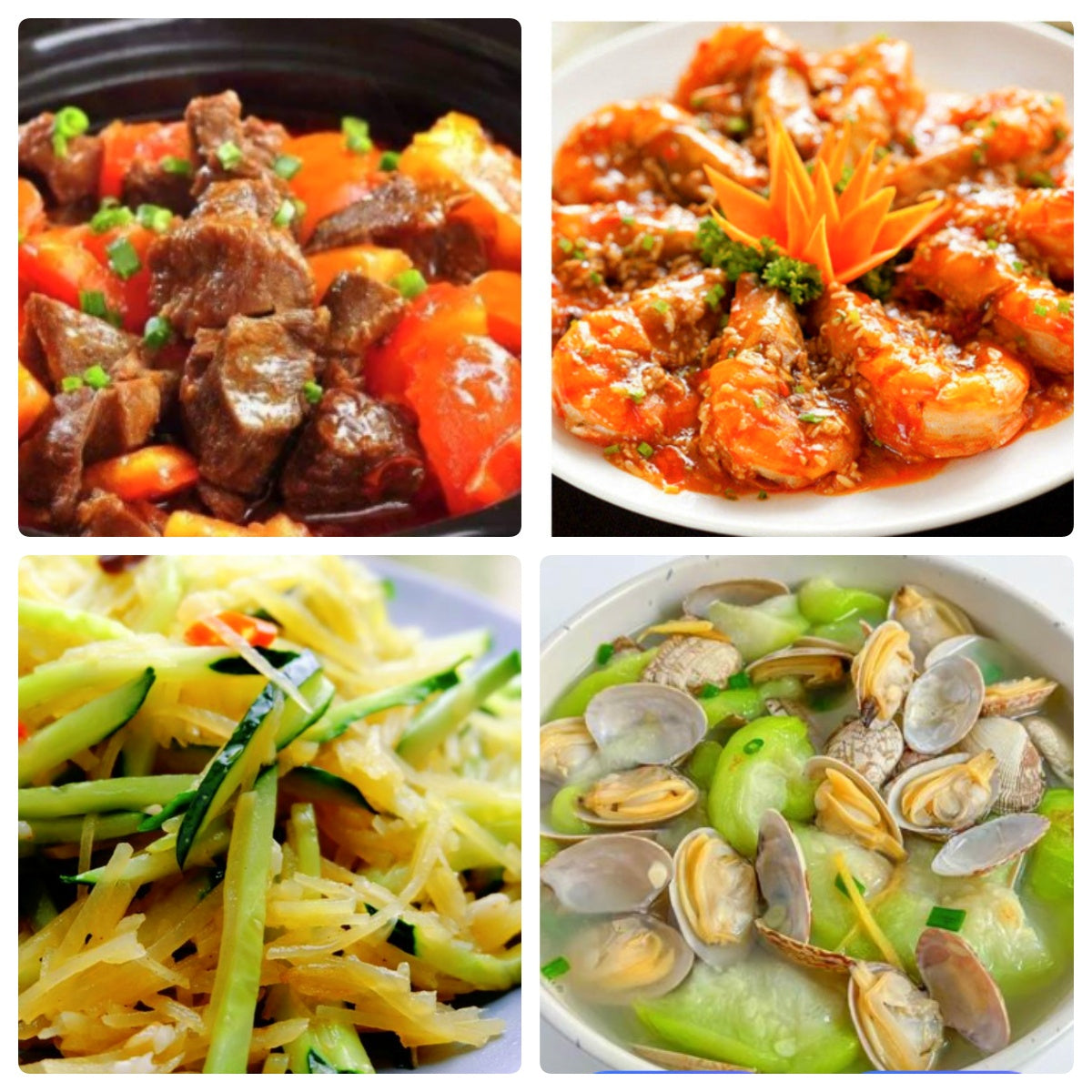 8月09日 周六家乡菜:番茄牛腩、微甜微🌶️干烧大虾、黄瓜丝拌土豆丝、丝瓜白纹蛤汤