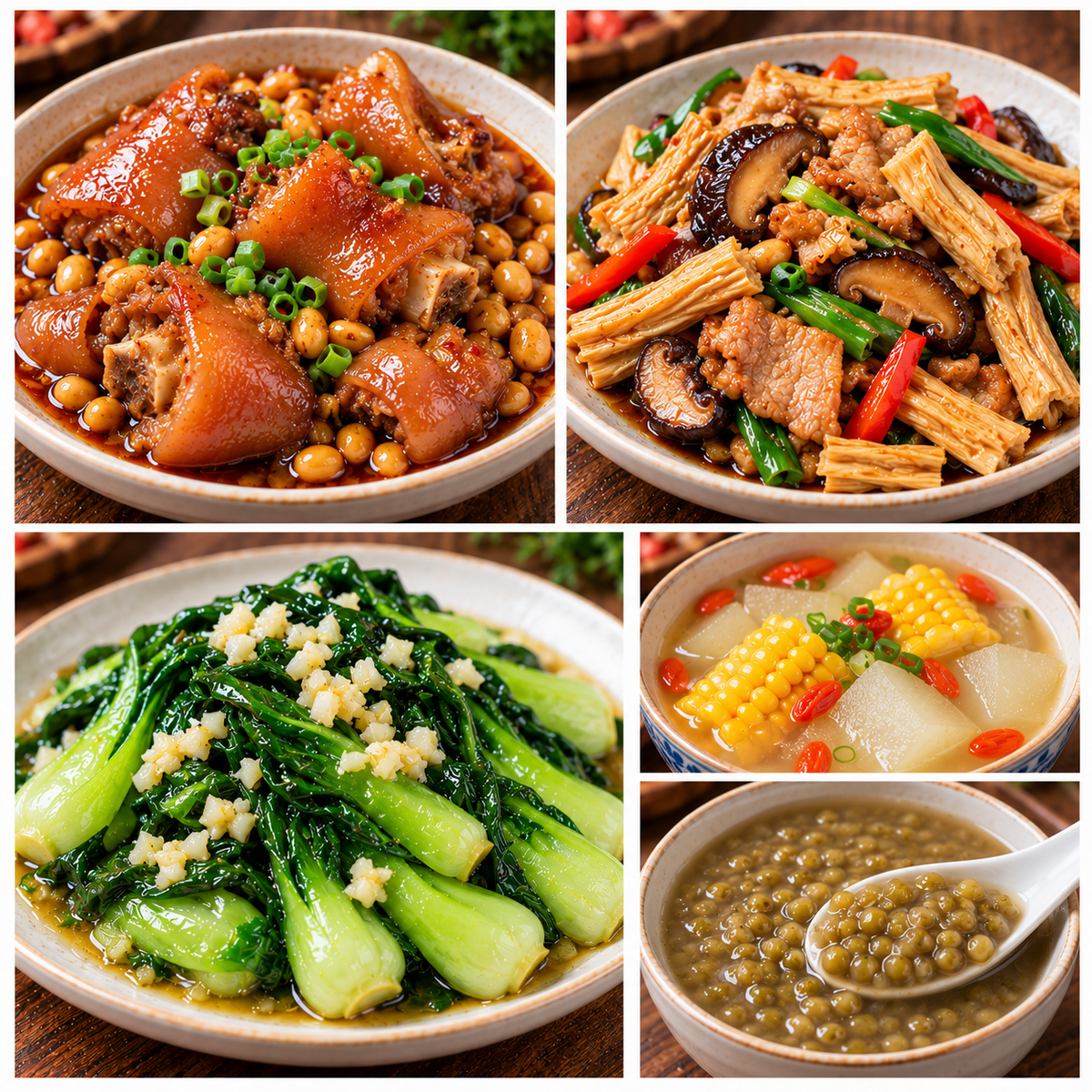 10月14日 周三经典回归:黄豆炖猪手、腐竹香菇炒肉片、蒜蓉油菜苗、枸杞玉米冬瓜汤(赠品:绿豆沙)