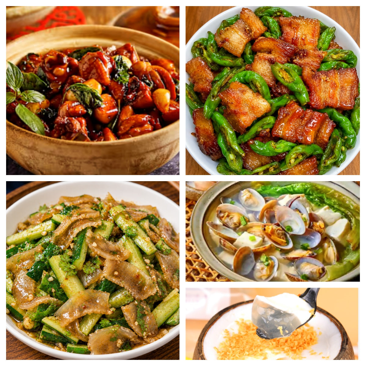 07月09日 周四麻辣鲜香:🌶️螺丝椒香干炒五花肉、三杯鸡、凉拌牛筋黄瓜、花蛤豆腐汤(赠品:椰子冻)