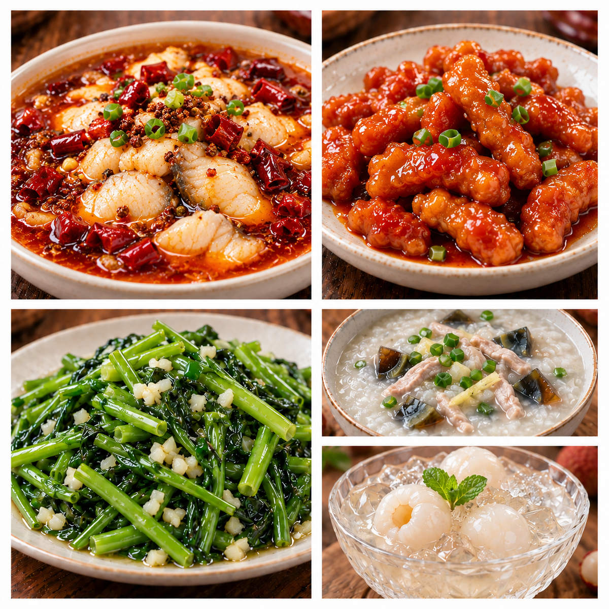 9月30日 周三麻辣鲜香:沸腾鱼片🌶️、糖醋里脊、蒜蓉水空心菜、皮蛋瘦肉粥(赠品:荔枝冰粉)
