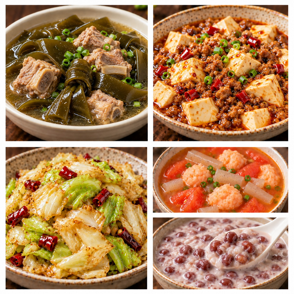 10月09日 周五麻辣鲜香:海带炖排骨、肉沫豆腐🌶️、手撕包菜、番茄魔芋虾滑汤(赠品:椰汁红豆粥)
