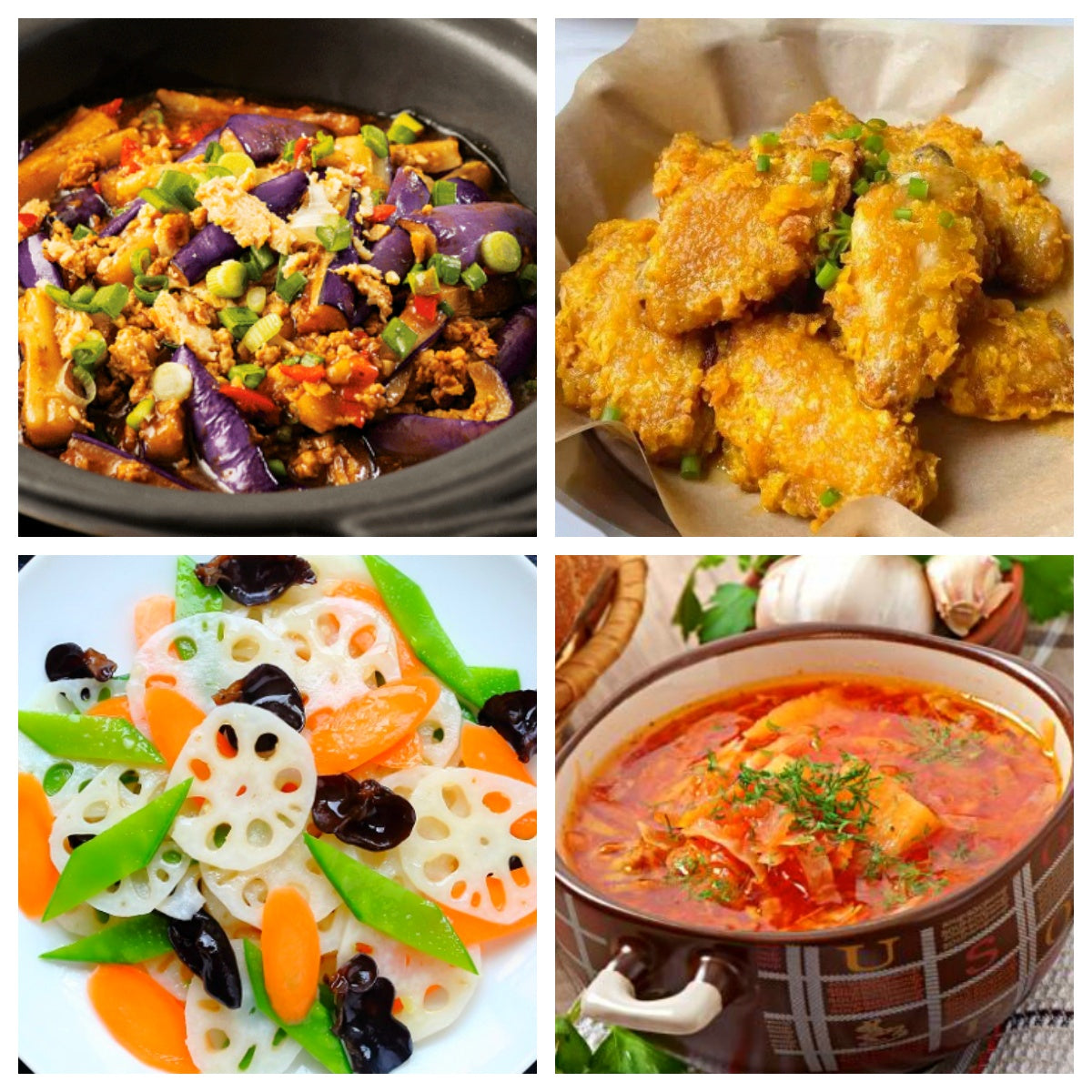 02月18日 周三家乡菜:咸鱼茄子煲、蒜香鸡翅、荷塘小炒、罗宋汤