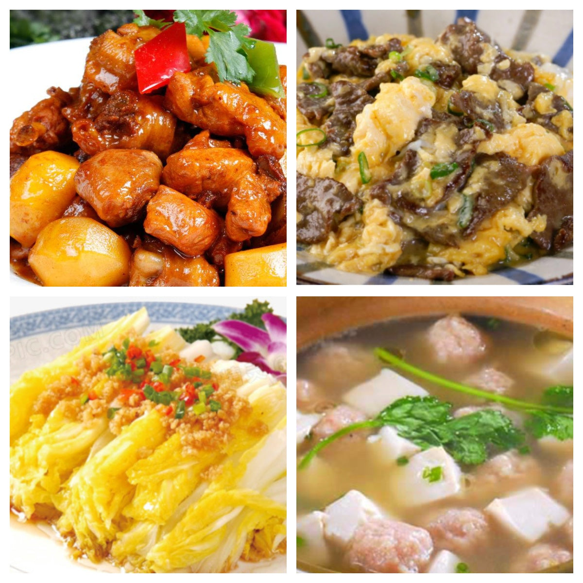 01月14日 周三家乡菜:板栗烧鸡、滑蛋嫩牛、蒜蓉娃娃菜、嫩豆腐肉丸汤