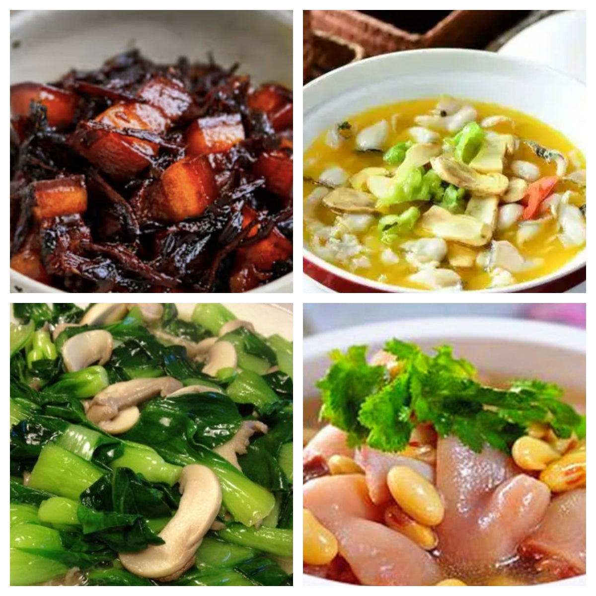 12月10日 周三家乡菜:梅干菜烧肉、菌菇鱼片、蘑菇菜心、蹄花汤