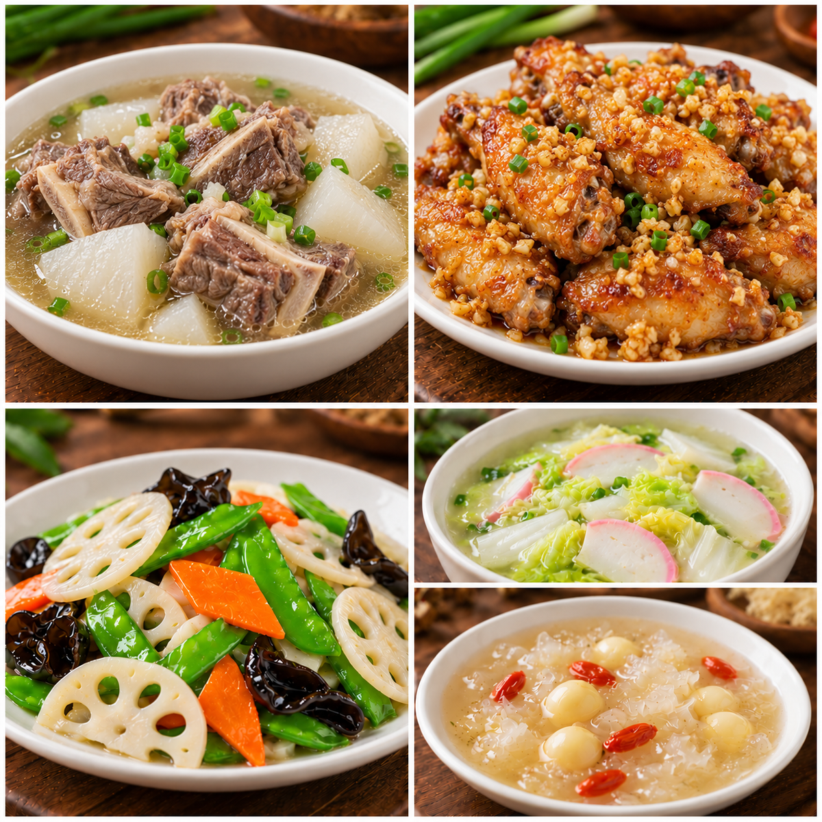 10月26日 周一经典回归:清炖萝卜牛肋条、蒜香鸡翅、荷塘小炒、鱼板白菜汤(赠品:银耳莲子羹)