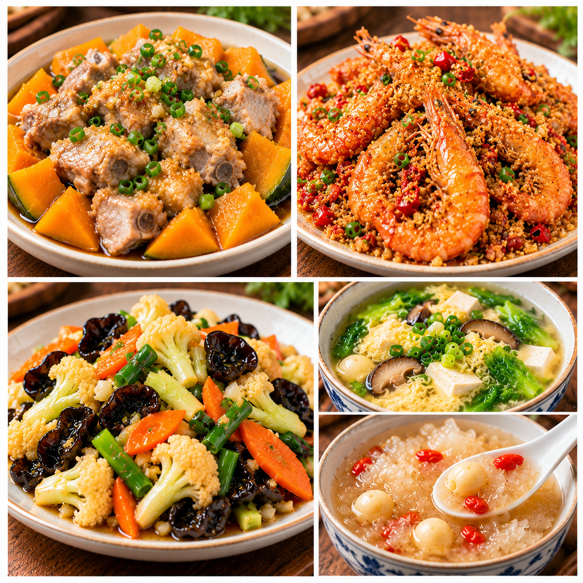 10月12日 周一经典回归:南瓜蒸排骨、避风塘大虾、什锦花菜、三鲜汤(赠品:银耳莲子羹)