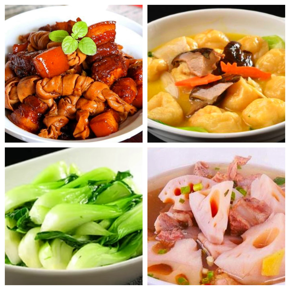 01月13日 周二家乡菜:百叶结红烧肉、三鲜鱼面筋、炒上海青、莲藕排骨汤