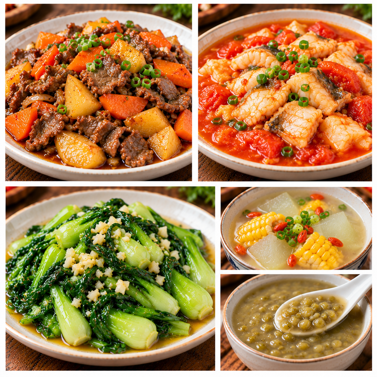 10月14日 周三家乡菜:胡萝卜土豆炒牛肉、番茄鱼片、蒜蓉油菜苗、枸杞玉米冬瓜汤(赠品:绿豆沙)