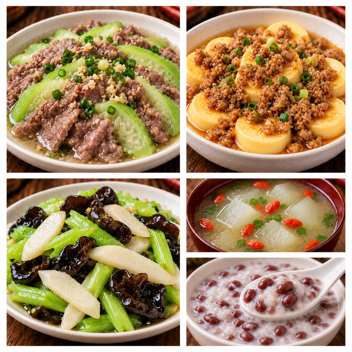 10月02日 周五家乡菜:丝瓜蒸牛肉、肉末玉子豆腐、西芹木耳炒山药、枸杞冬瓜汤(赠品:椰汁红豆粥)