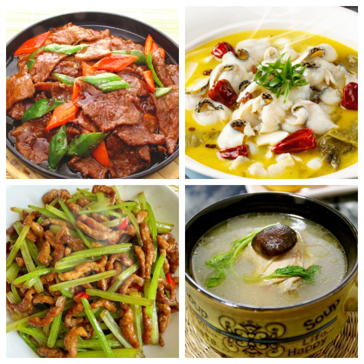 03月05日 周四家乡菜:铁板黑椒牛肉、酸菜黑鱼片、芹菜炒肉丝、枸杞老鸡汤