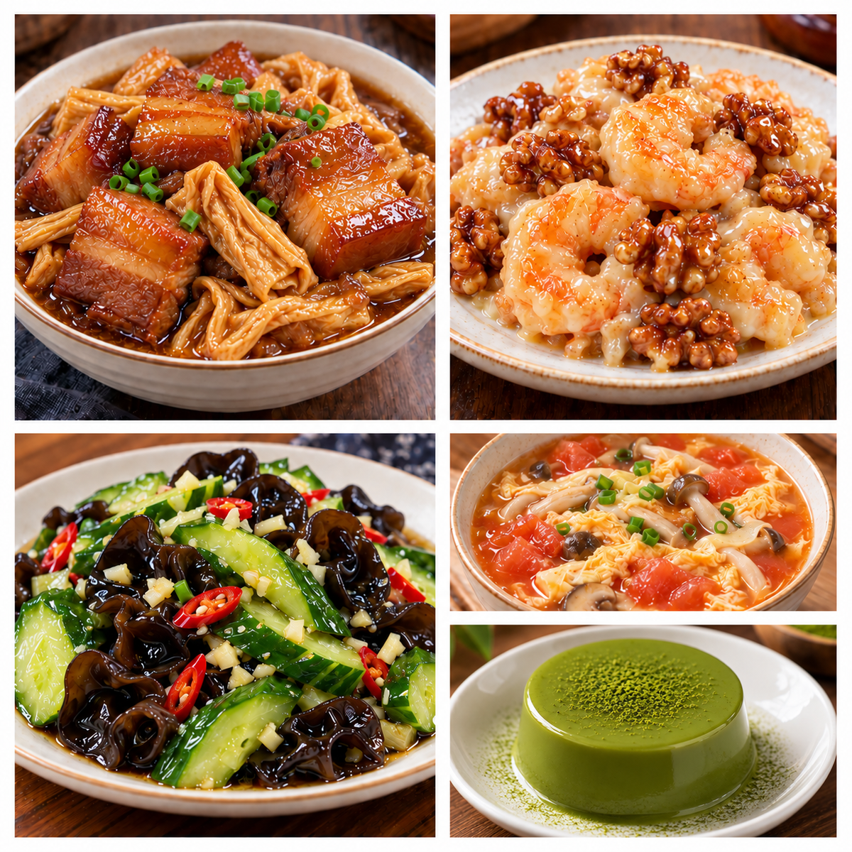 9月29日 周二家乡菜:腐竹炖五花肉、核桃虾、黄瓜拌木耳、番茄菌菇鸡蛋汤(赠品:抹茶冻)