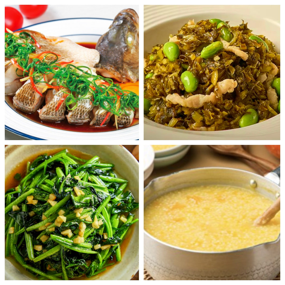 01月08日 周四养生系列:彩椒鲈鱼、雪菜毛豆炒肉丝、蒜蓉菠菜、地瓜粥