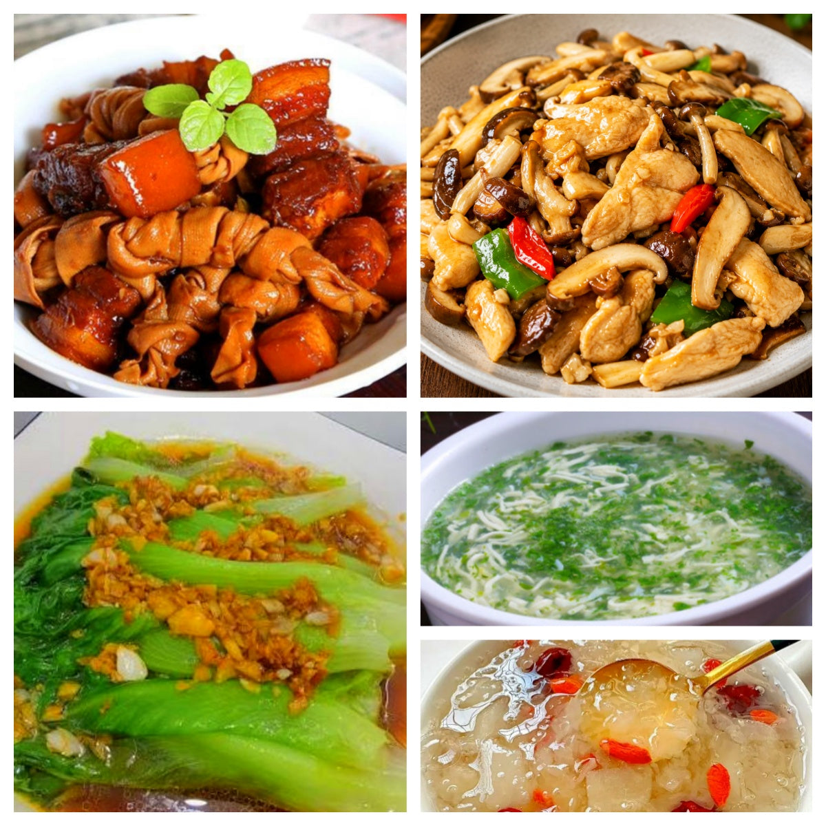 07月21日 周二家乡菜:百叶结红烧肉、杂菌炒鸡片、蚝油生菜、荠菜鱼丝豆腐羹(赠品:银耳羹)