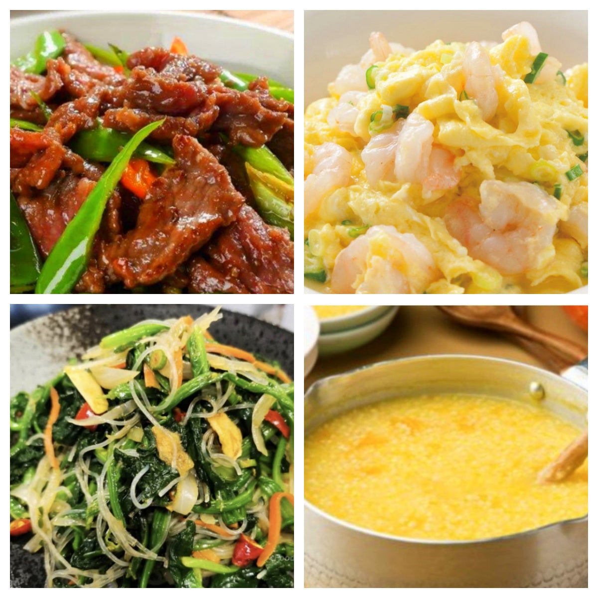 06月16日 周二家乡菜:五彩牛肉、滑蛋虾仁、菠菜粉丝、南瓜粥