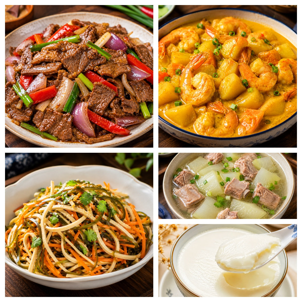 08月11日 周二家乡菜:沙茶酱爆肉片、奶香土豆咖喱虾、凉拌三丝、冬瓜排骨汤(赠品:双皮奶)