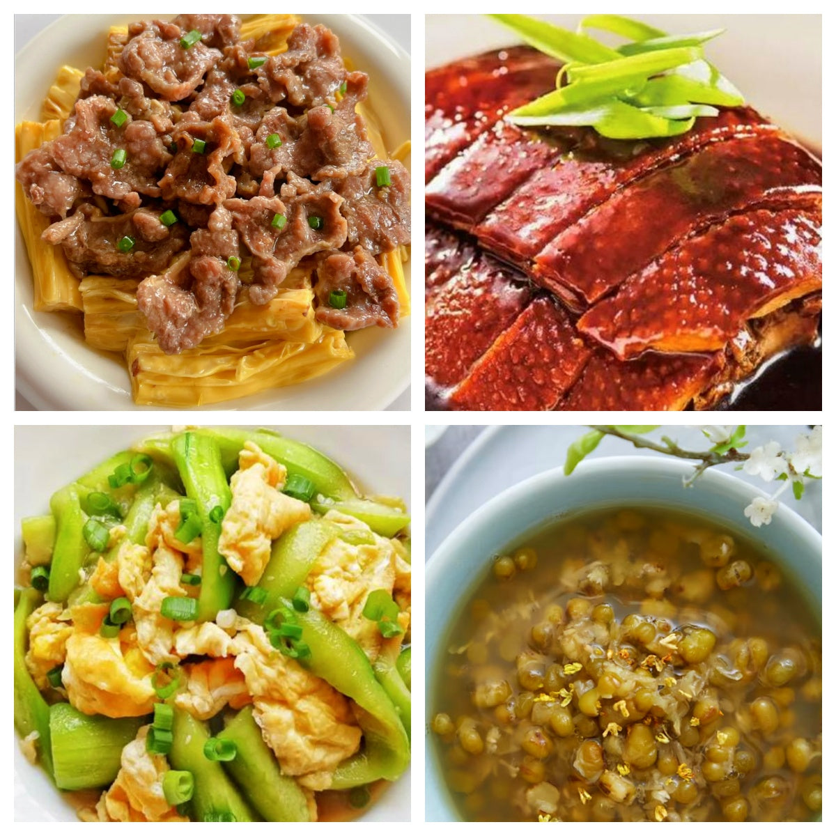 06月23日 周二家乡菜:腐竹嫩牛、上海酱鸭、丝瓜炒鸡蛋、绿豆粥