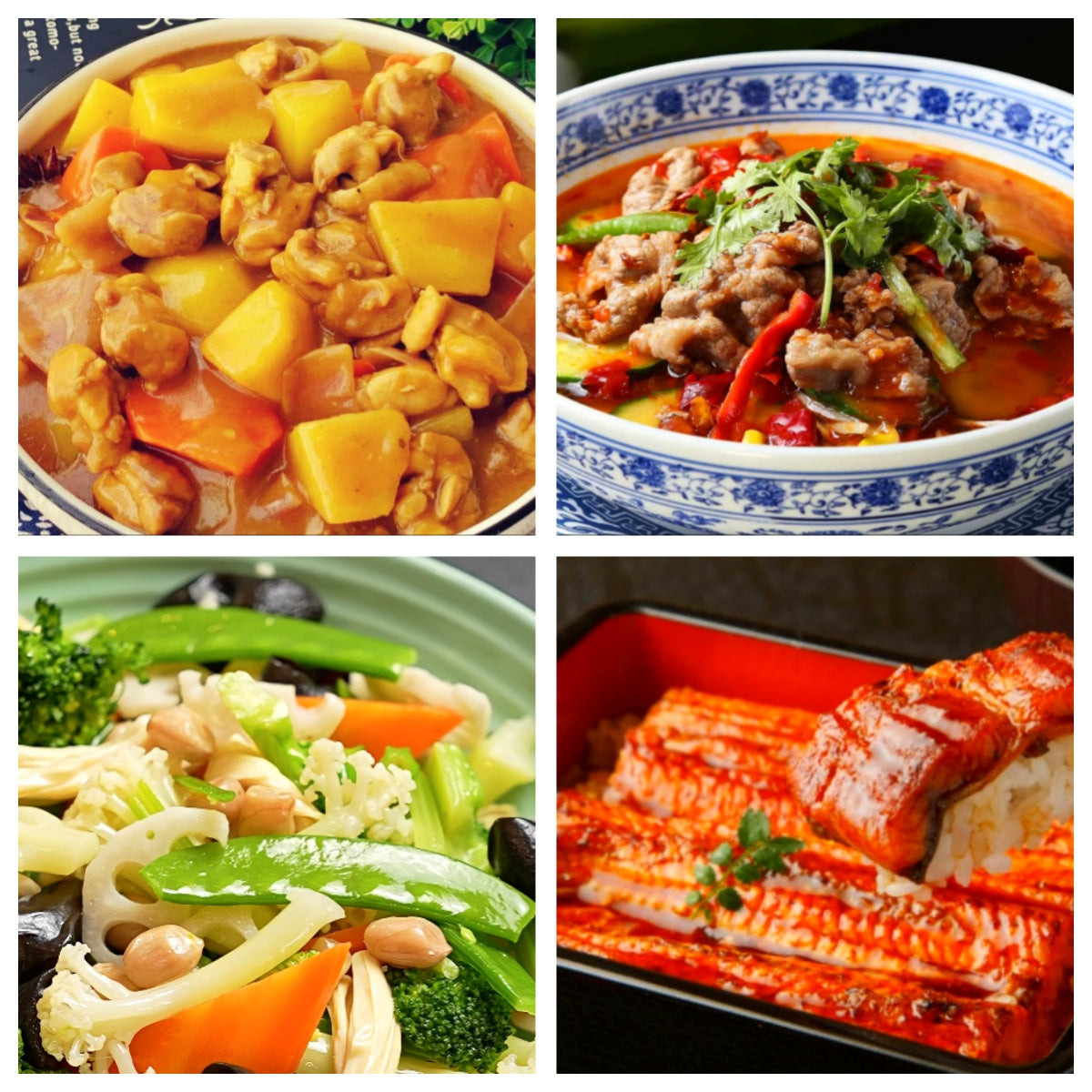 06月27日 周六麻辣鲜香:胡萝卜咖喱鸡丁、水煮牛肉🌶️、素什锦、鳗鱼饭