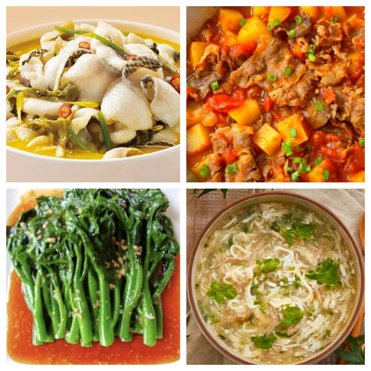 Saturday, December 20th: Hometown dishes: Sauerkraut fish fillets, Tomato and potato beef stew, Stir-fried seasonal vegetables, West Lake beef soup.