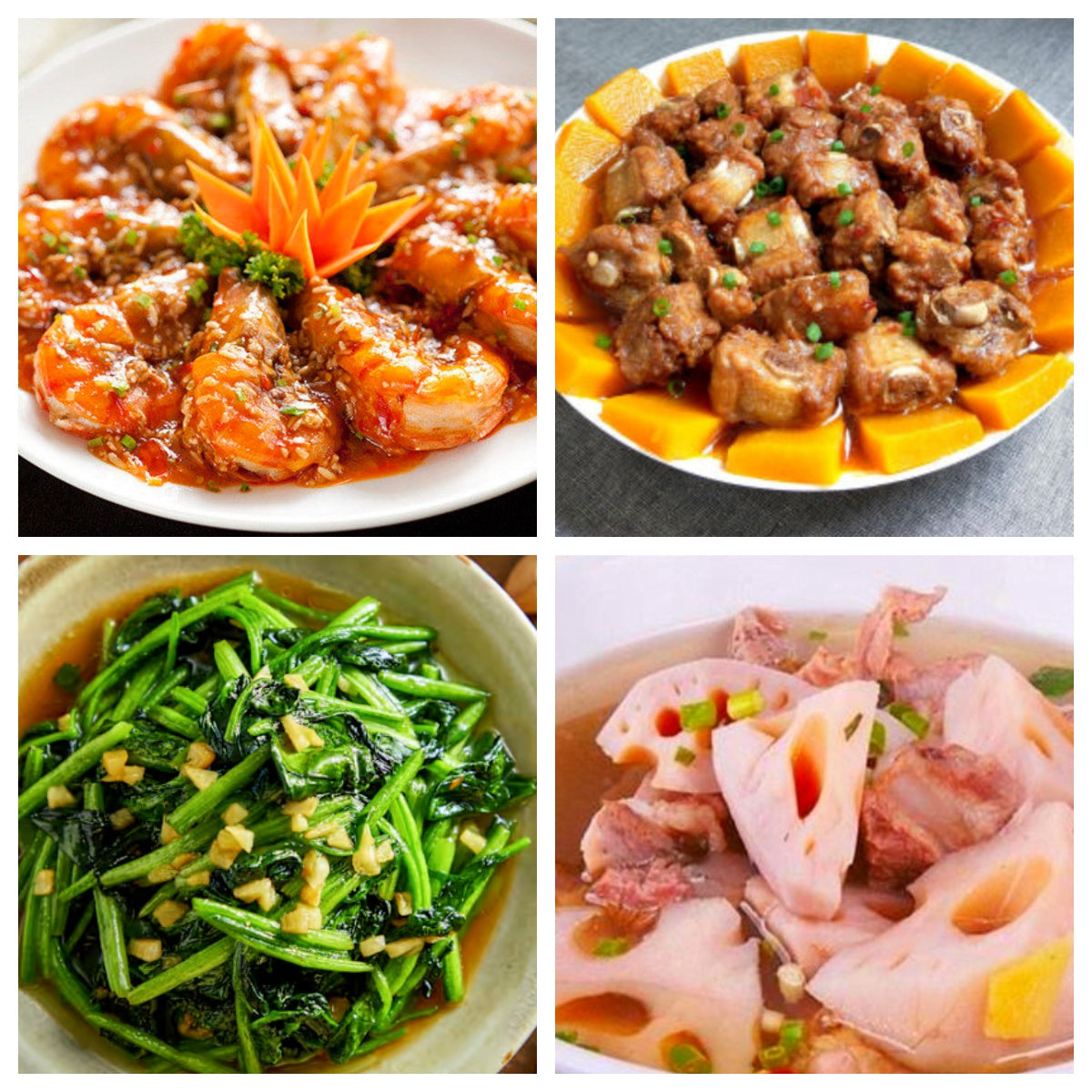 02月25日 周三麻辣鲜香: 微甜微🌶️干烧大虾、南瓜蒸排骨、蒜蓉菠菜、双莲筒骨汤