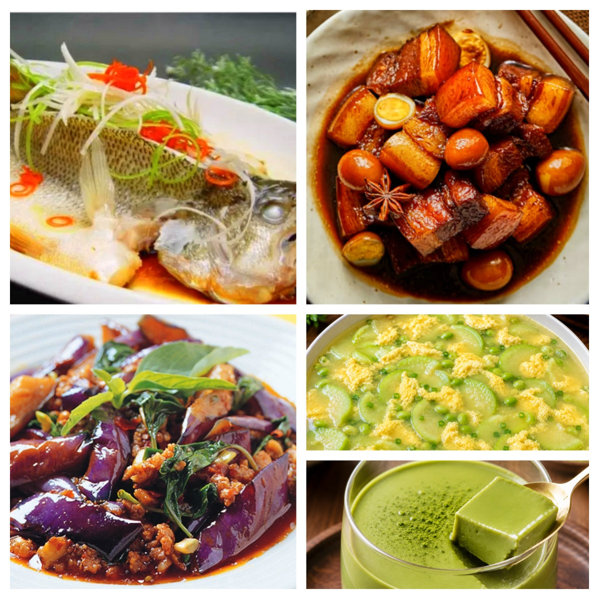 8月25日 周二经典回归:清蒸鲈鱼、鹌鹑蛋红烧肉、九层塔茄子、丝瓜毛豆蛋汤(赠品:抹茶冻)