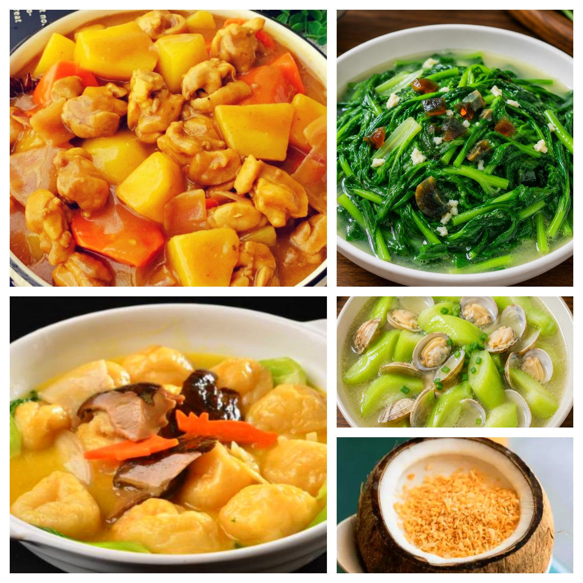 07月14日 周二经典回归:咖喱土豆鸡块、三鲜鱼面筋、上汤菠菜、丝瓜白蚬子汤(赠品:椰子冻)