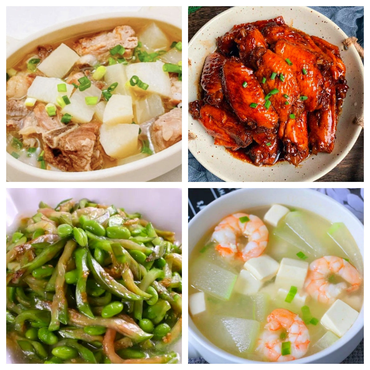 04月17日 周五家乡菜:清汤萝卜排骨、可乐鸡翅、青椒茄子炒毛豆子、冬瓜虾仁汤