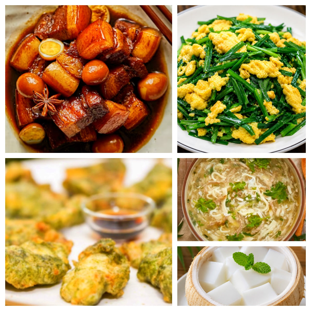 06月29日 周一经典回归: 鹌鹑蛋红烧肉、海苔鱼柳、韭菜炒鸡蛋、荠菜豆腐羹(赠品:椰子冻)