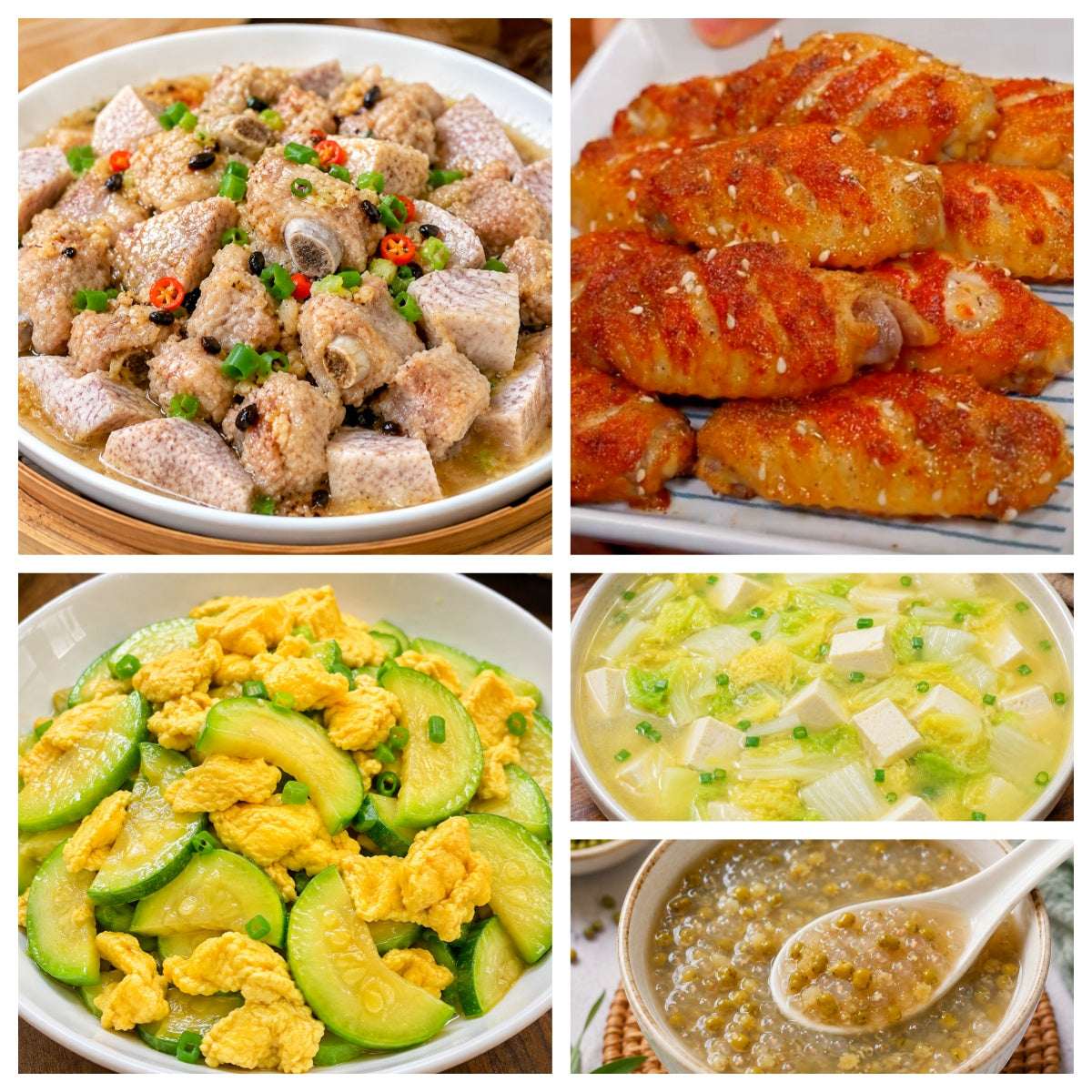 8月24日 周一经典回归:香芋蒸肋排、椒盐鸡翅、意大利瓜炒鸡蛋、白菜豆腐汤(赠品:绿豆西米露)