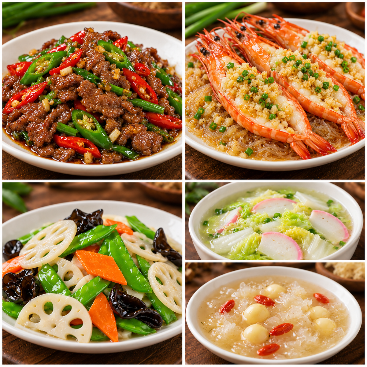 10月26日 周一麻辣鲜香:小炒牛肉🌶️、蒜蓉粉丝蒸大虾、荷塘小炒、鱼板白菜汤(赠品:银耳莲子羹)