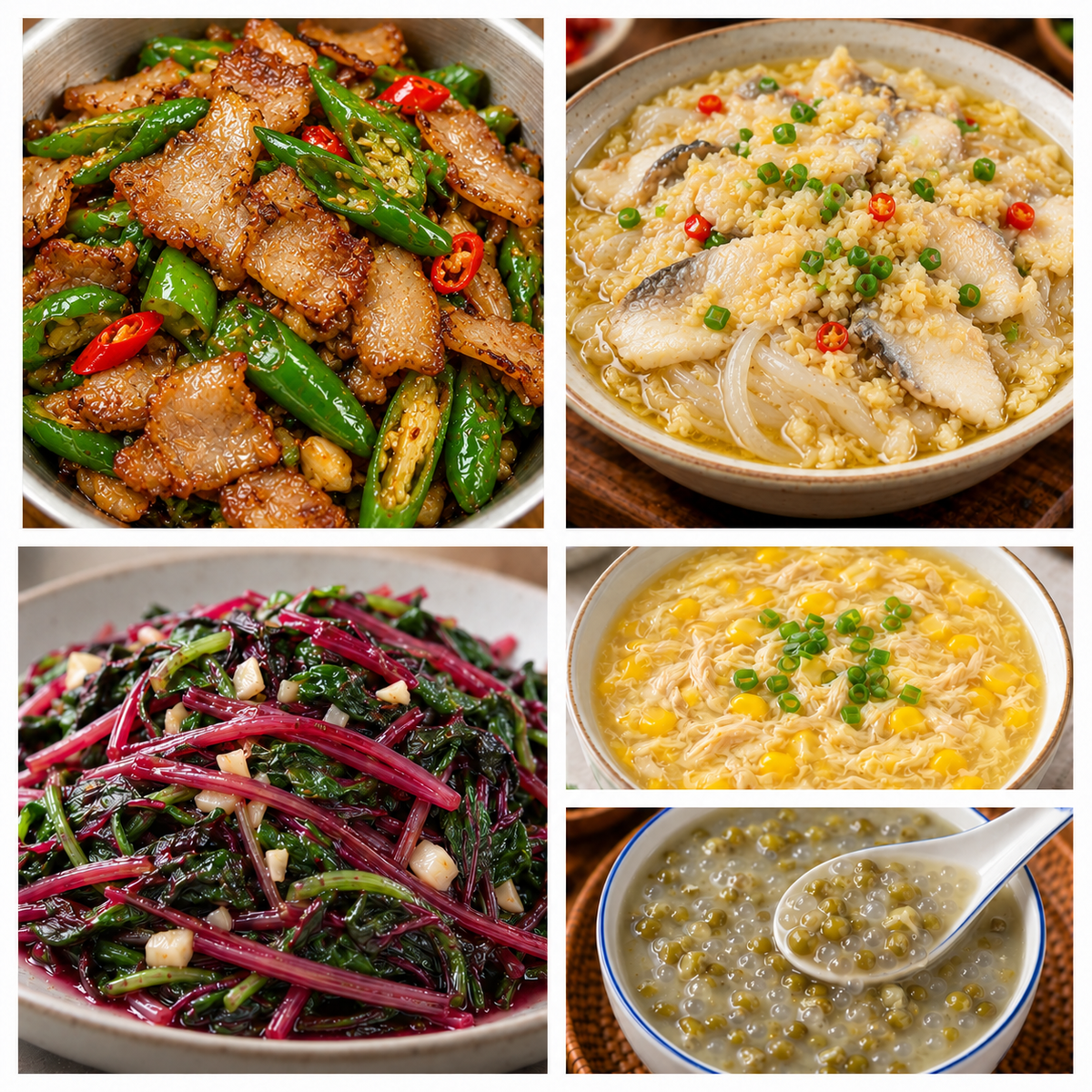 10月05日 周一麻辣鲜香:蒜蓉魔芋鱼片、农家小炒肉🌶️、蒜蓉红苋菜、鸡茸玉米羹(赠品:绿豆西米露)