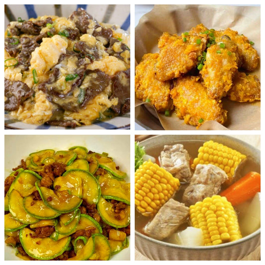 05月11日 周一家乡菜：滑蛋嫩牛、咸蛋黄鸡翅、肉末小角瓜、玉米胡萝卜排骨汤
