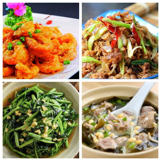 03月30日 周一家乡菜：咸蛋黄大虾、葱油肥牛、蒜蓉菠菜、海带排骨汤