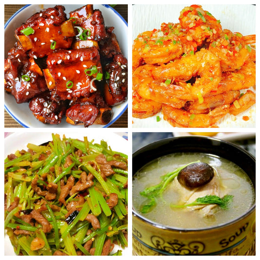 03月23日 周一家乡菜：糖醋小排、椒盐大虾、芹菜炒肉丝、养生鸡汤