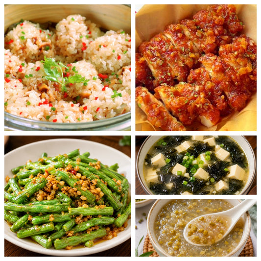 9月07日 周一家乡菜：糯米蒸排骨、蜂蜜黄油鸡排、蒜蓉豆角、紫菜蛋花豆腐汤（赠品：绿豆西米露）
