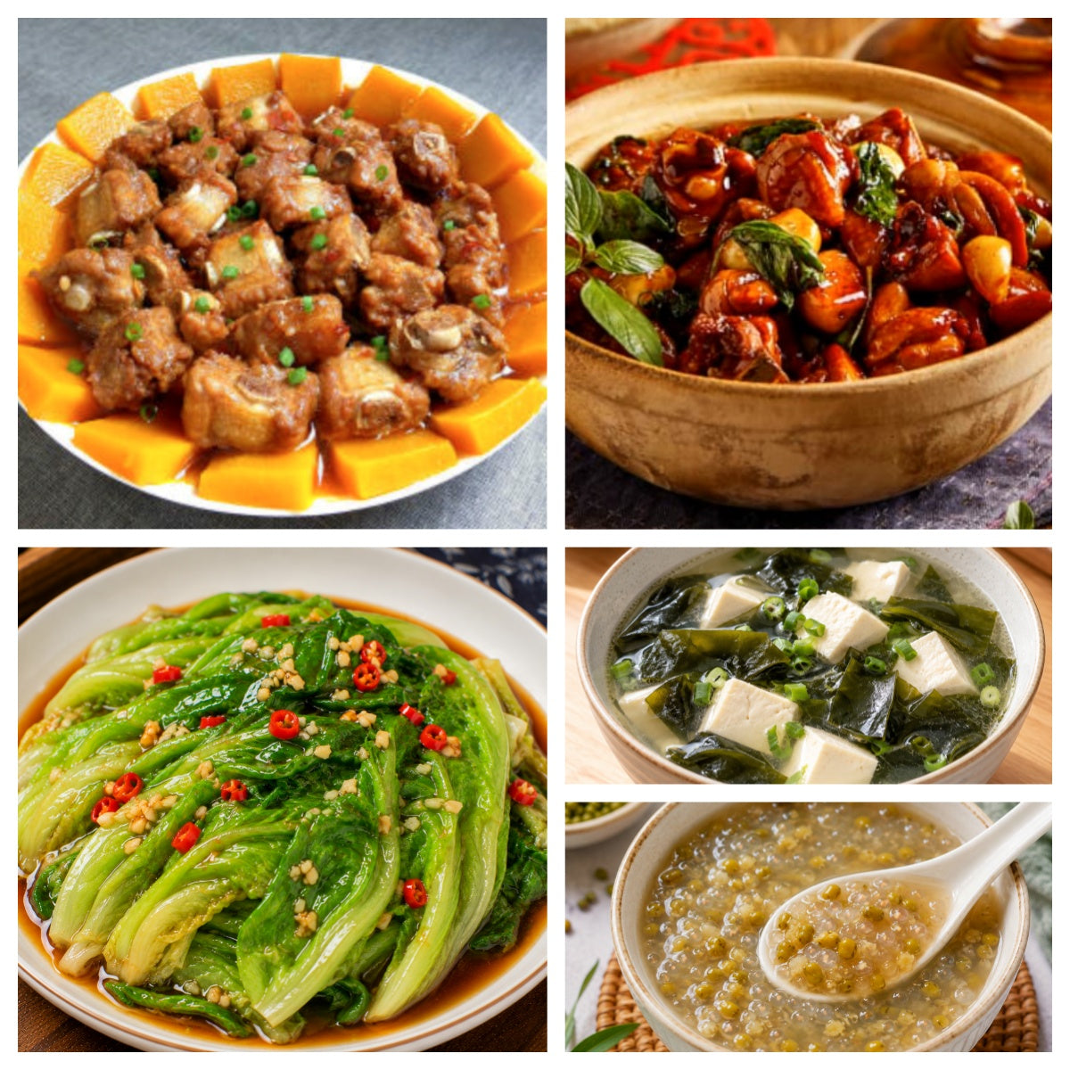 9月28日 周一家乡菜：南瓜蒸排骨、三杯鸡、蚝油生菜、MISO 海带豆腐汤（赠品：绿豆西米露）