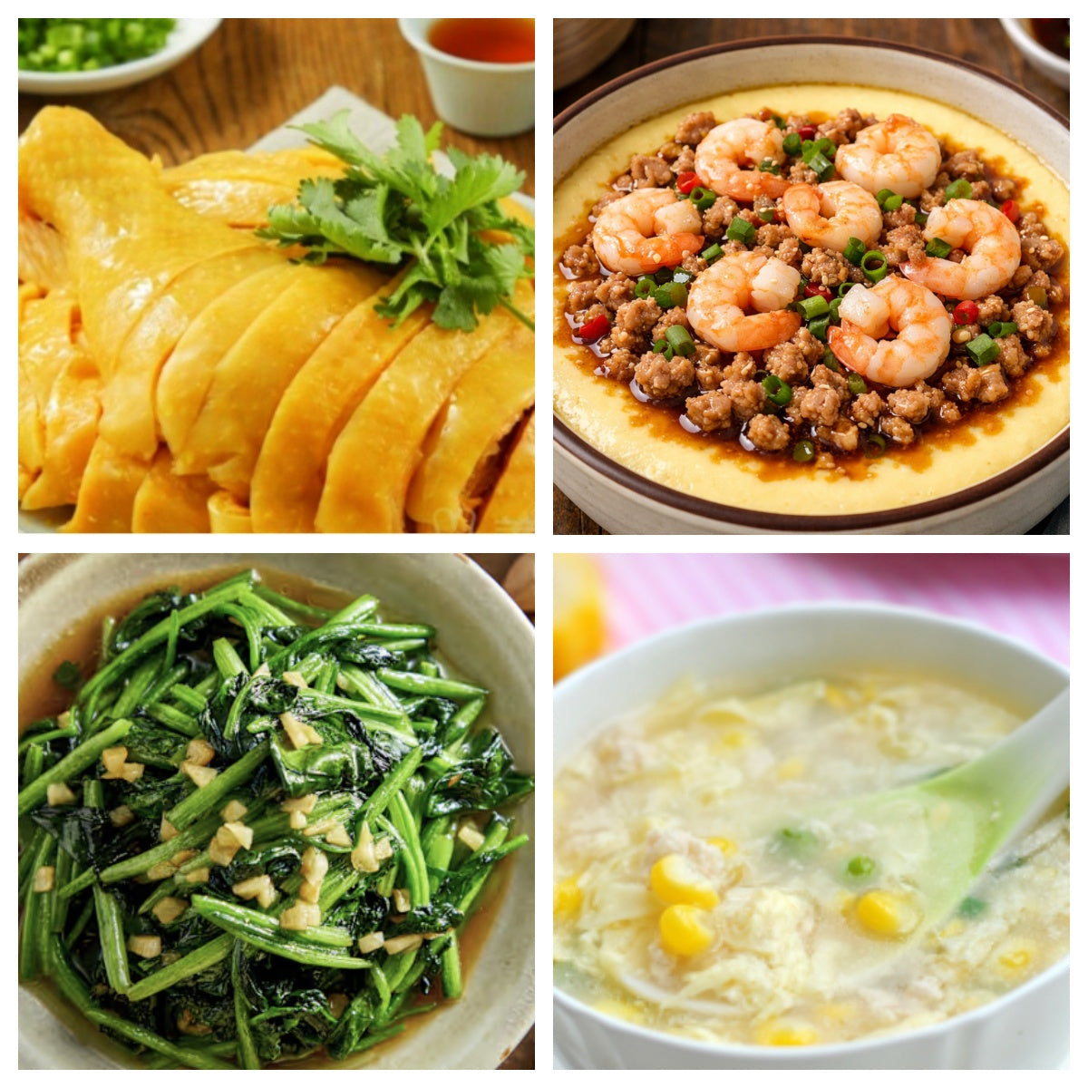 04月20日 周一家乡菜：三黄鸡、肉末虾仁蒸蛋、蒜蓉菠菜、玉米鸡茸羹