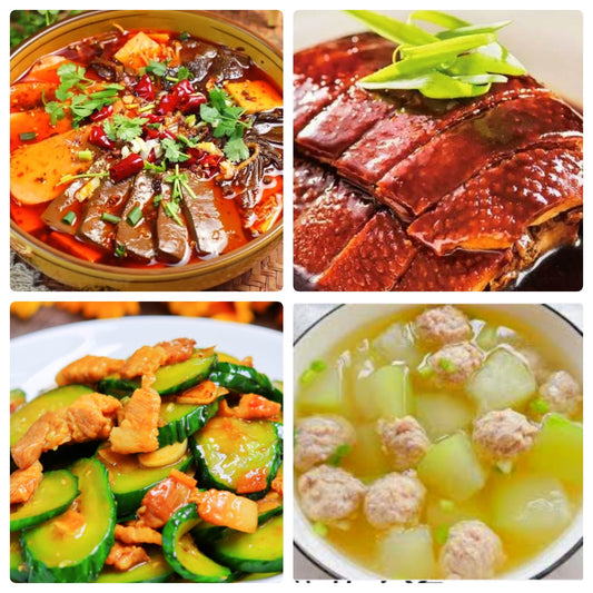 Monday, August 4th: Classic dishes return: 🌶️ Maoxuewang, Shanghainese braised duck, stir-fried pork with cucumber, and meatball and winter melon soup