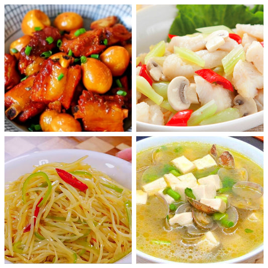 04月15日 周三经典回归：鹌鹑蛋炖排骨、菌菇鱼片、凉拌土豆丝、蛤蜊豆腐汤