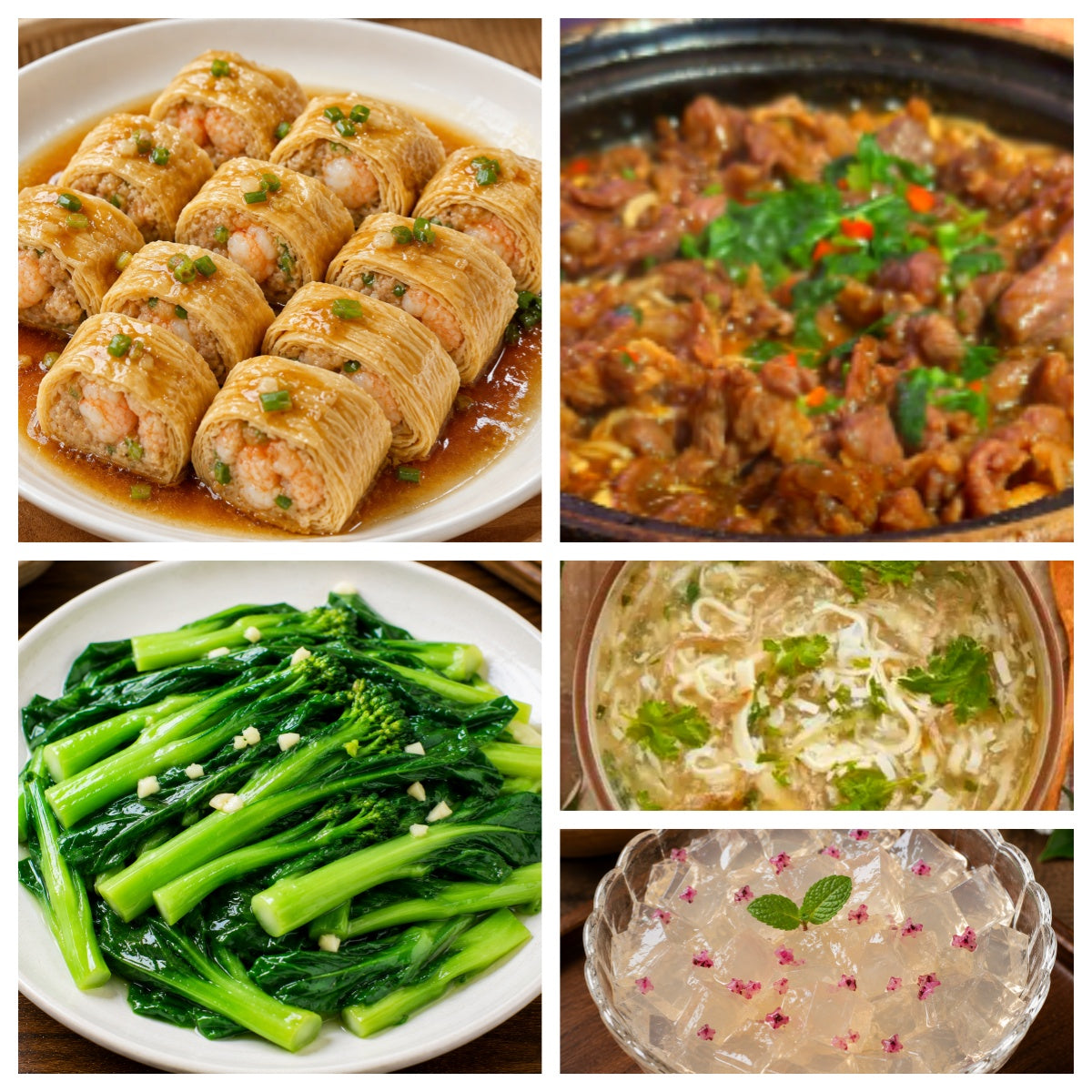 9月16日 周三经典回归：虾仁鲜肉腐竹卷、沙茶肥牛煲、蒜蓉油菜、西湖牛肉羹（赠品：荔枝冰粉）