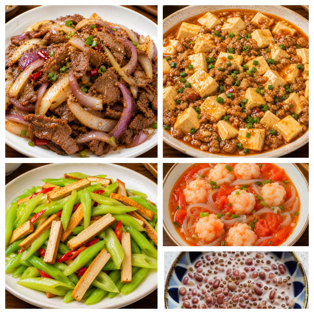 9月11日 周五麻辣鲜香：洋葱孜然牛肉🌶️、肉沫豆腐、西芹炒豆干、番茄魔芋虾滑汤（赠品：椰汁红豆粥）