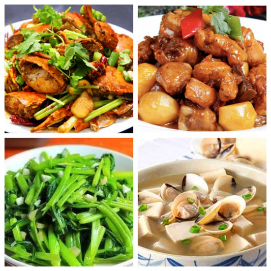 Friday, September 5th: Spicy Crab Rice Cake (with fresh blue crab), Roasted Chicken with Chestnuts, Garlic Water Spinach, White Clam and Tofu Soup